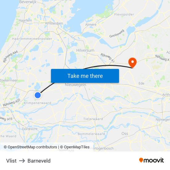 Vlist to Barneveld map