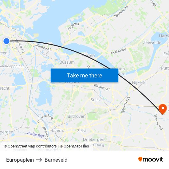 Europaplein to Barneveld map