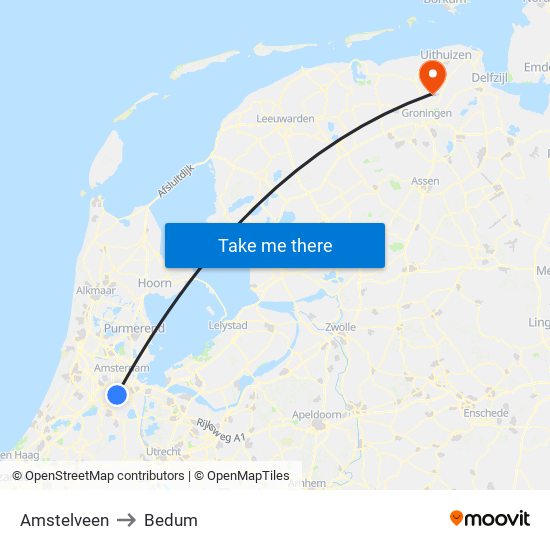 Amstelveen to Bedum map