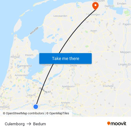 Culemborg to Bedum map