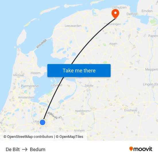 De Bilt to Bedum map