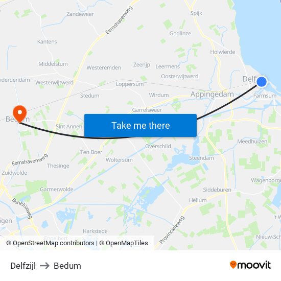 Delfzijl to Bedum map