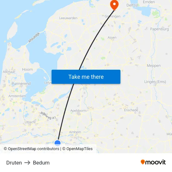 Druten to Bedum map