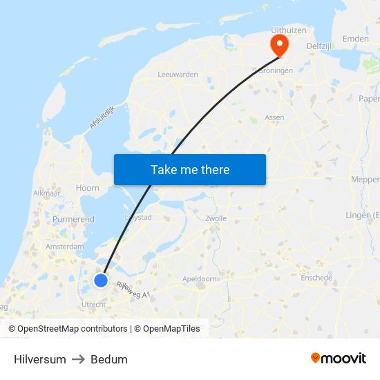 Hilversum to Bedum map