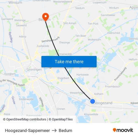 Hoogezand-Sappemeer to Bedum map