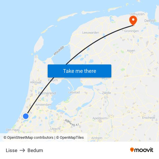 Lisse to Bedum map