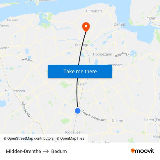 Midden-Drenthe to Bedum map