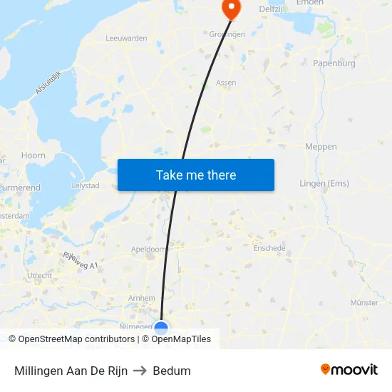 Millingen Aan De Rijn to Bedum map