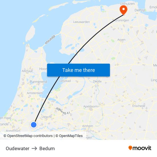 Oudewater to Bedum map