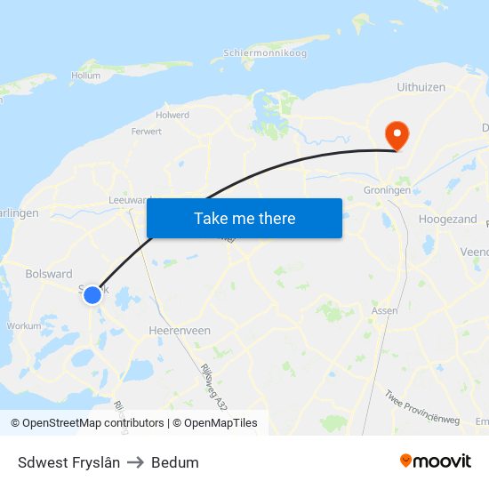 Sdwest Fryslân to Bedum map