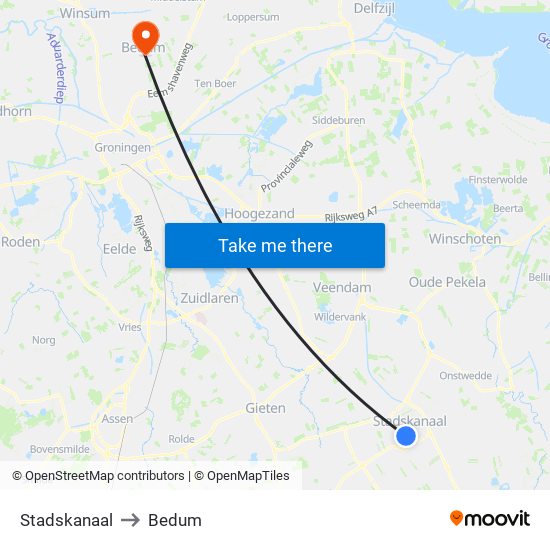 Stadskanaal to Bedum map