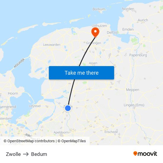 Zwolle to Bedum map