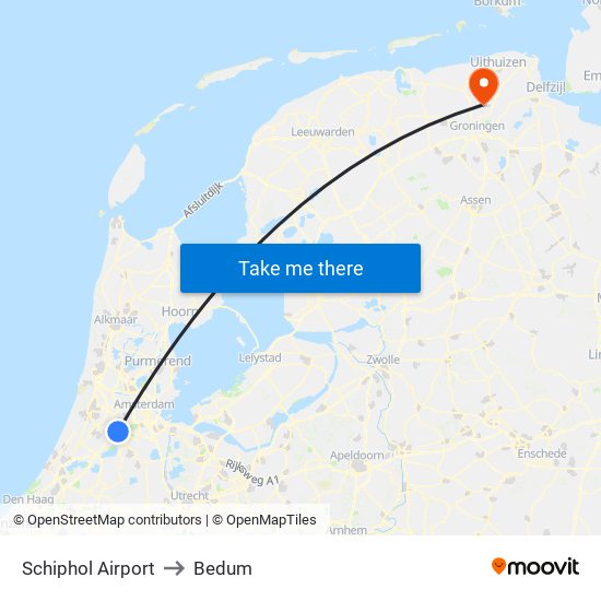 Schiphol Airport to Bedum map