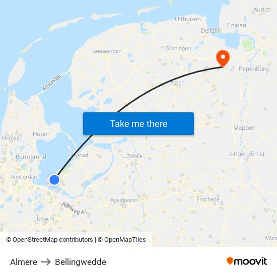 Almere to Bellingwedde map