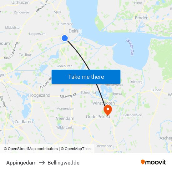 Appingedam to Bellingwedde map