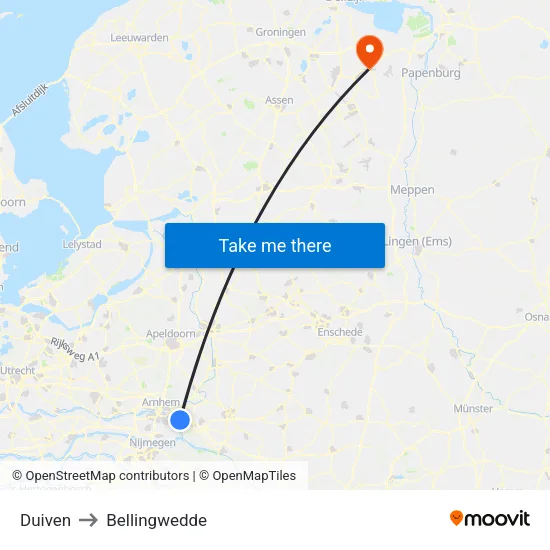 Duiven to Bellingwedde map