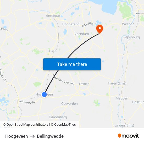 Hoogeveen to Bellingwedde map