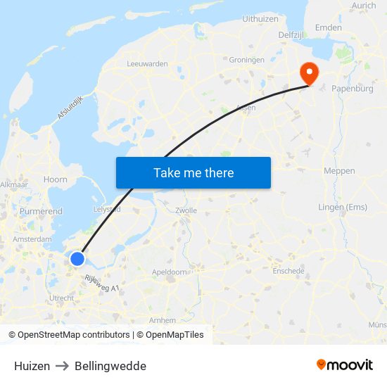 Huizen to Bellingwedde map