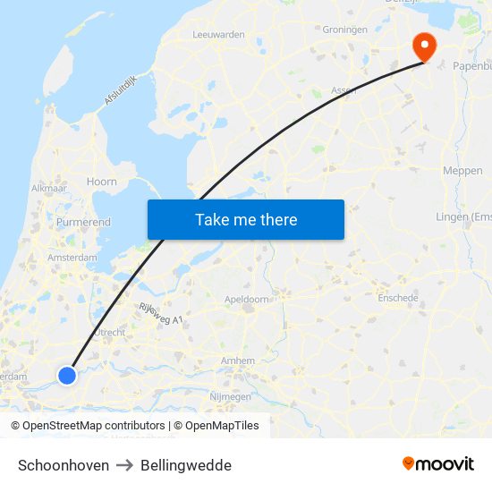 Schoonhoven to Bellingwedde map