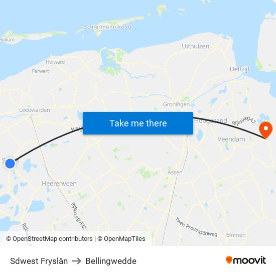 Sdwest Fryslân to Bellingwedde map