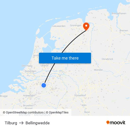 Tilburg to Bellingwedde map