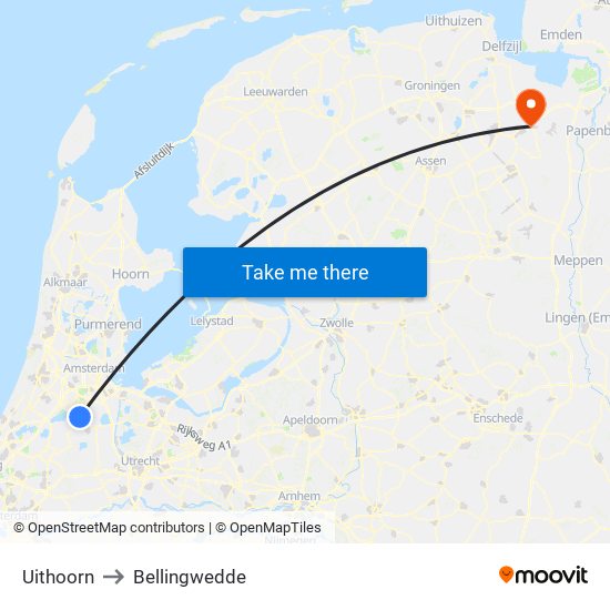 Uithoorn to Bellingwedde map