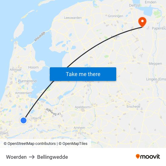 Woerden to Bellingwedde map