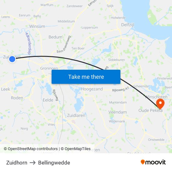 Zuidhorn to Bellingwedde map