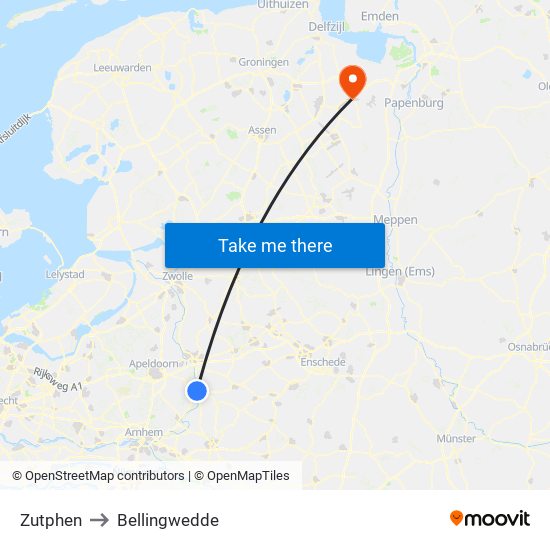 Zutphen to Bellingwedde map