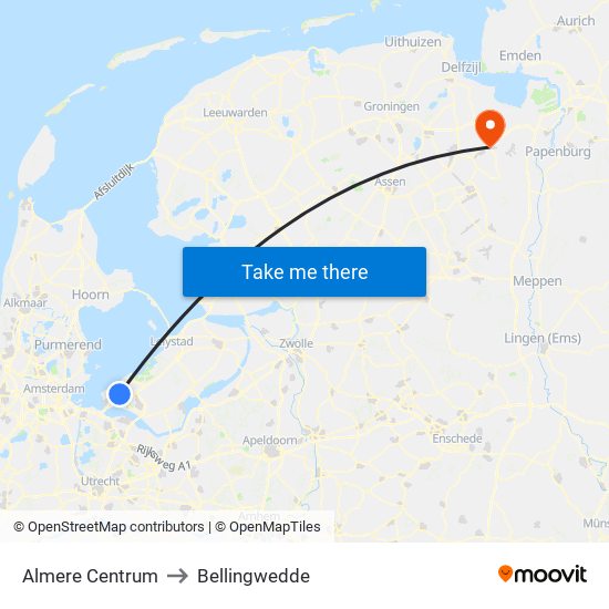 Almere Centrum to Bellingwedde map