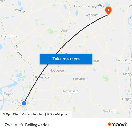 Zwolle to Bellingwedde map
