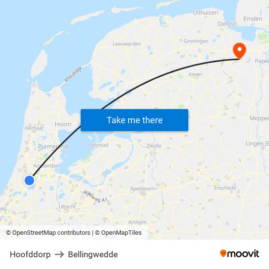 Hoofddorp to Bellingwedde map