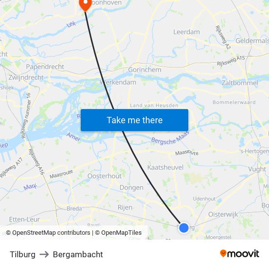 Tilburg to Bergambacht map