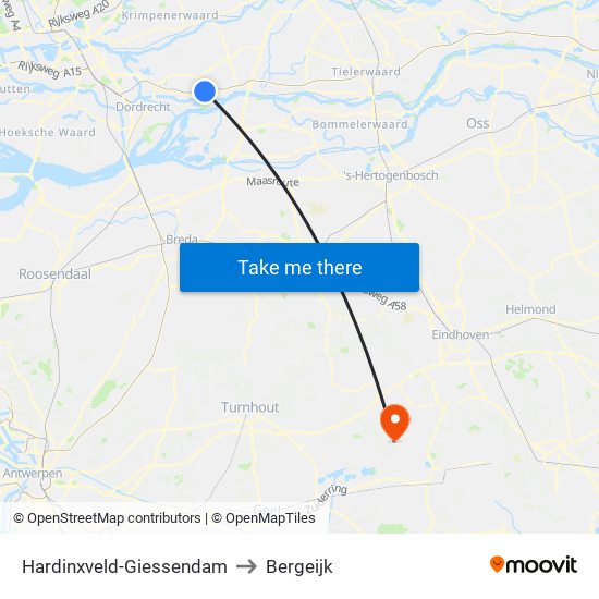 Hardinxveld-Giessendam to Bergeijk map