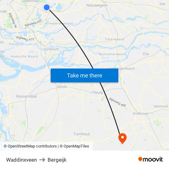 Waddinxveen to Bergeijk map