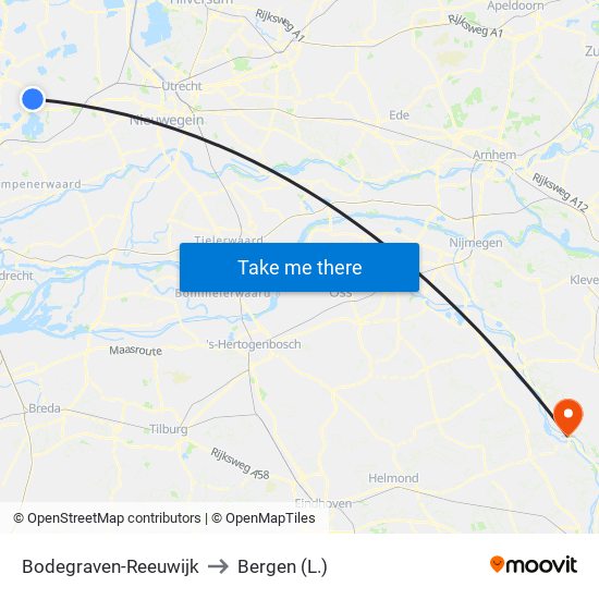 Bodegraven-Reeuwijk to Bergen (L.) map