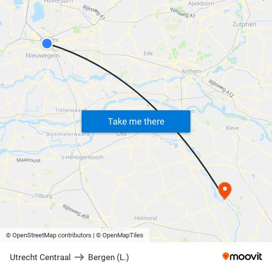 Utrecht Centraal to Bergen (L.) map