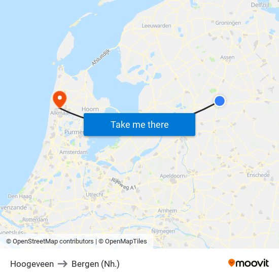 Hoogeveen to Bergen (Nh.) map