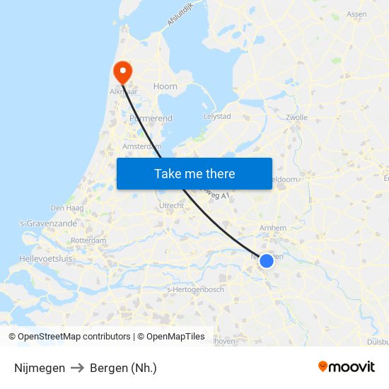 Nijmegen to Bergen (Nh.) map