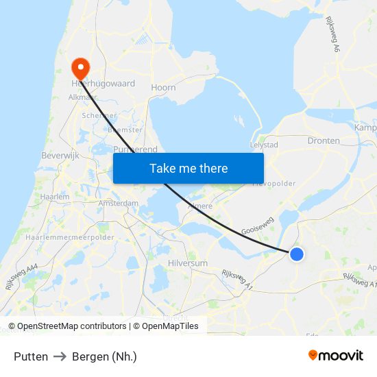 Putten to Bergen (Nh.) map