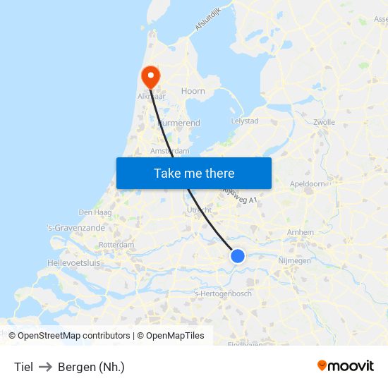 Tiel to Bergen (Nh.) map