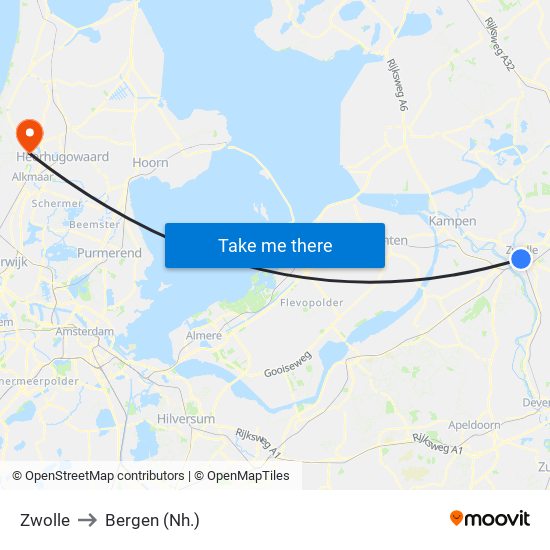 Zwolle to Bergen (Nh.) map