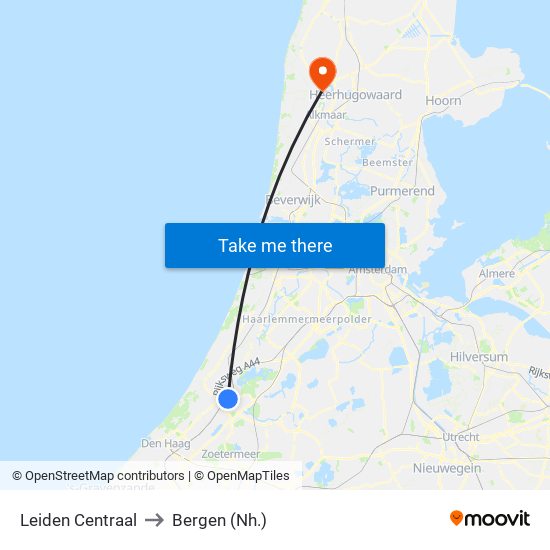 Leiden Centraal to Bergen (Nh.) map