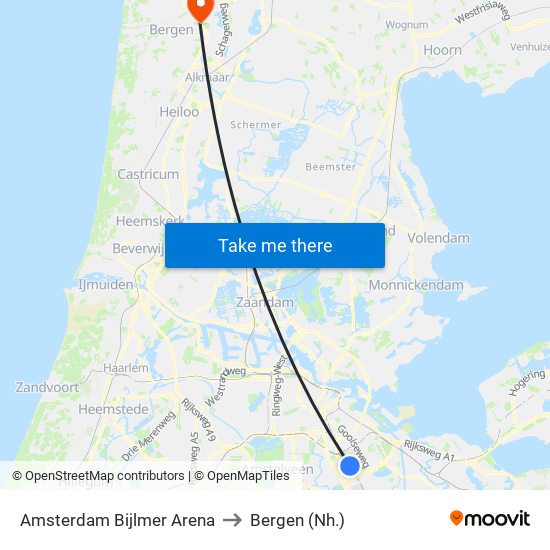 Amsterdam Bijlmer Arena to Bergen (Nh.) map