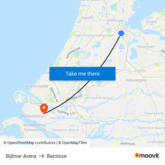 Bijlmer Arena to Bernisse map