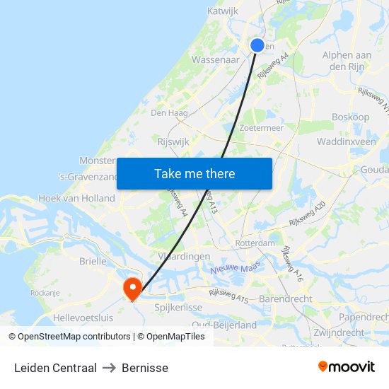 Leiden Centraal to Bernisse map