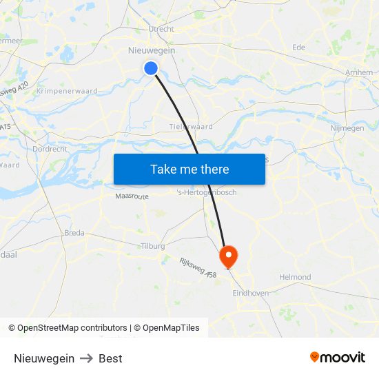 Nieuwegein to Best map