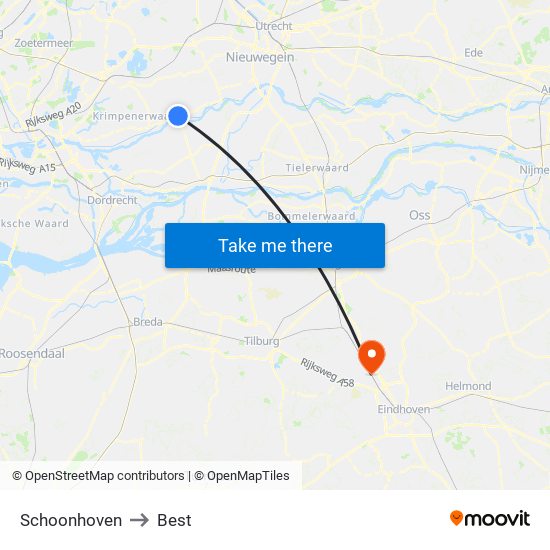 Schoonhoven to Best map