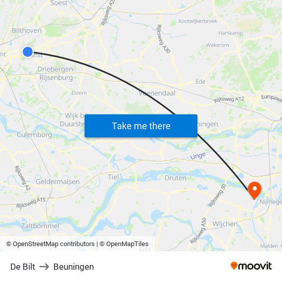 De Bilt to Beuningen map