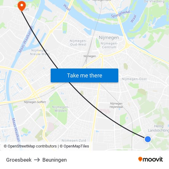 Groesbeek to Beuningen map